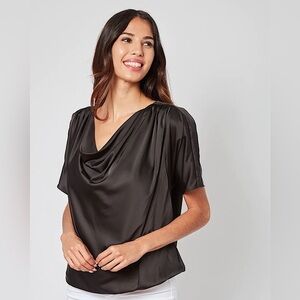 Dora Landa Black Short Sleeve Draped Neck Adele Blouse Size XL NEW Classy